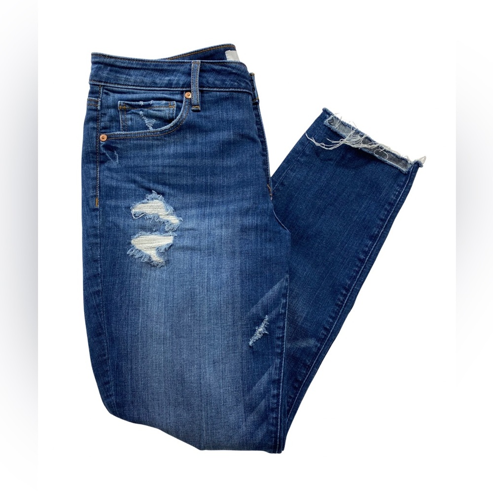 LOFT Curvy Skinny Jeans 29/8 Distressed Dark Blue Denim Raw Edge Frayed Hem